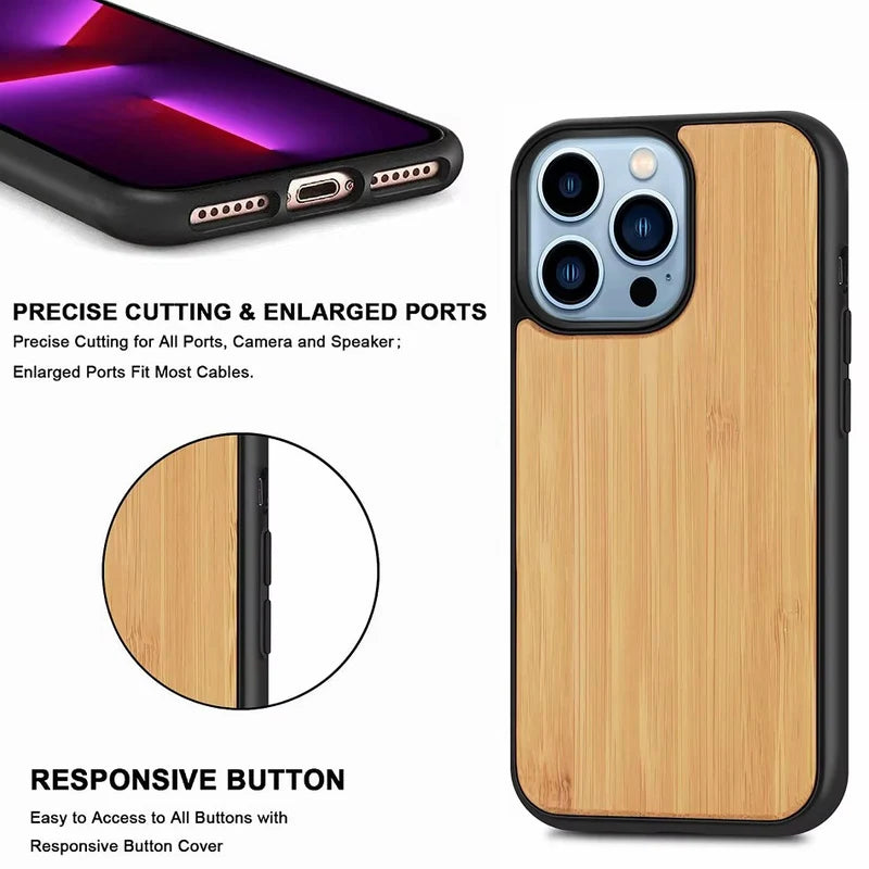 Luxury Wood Apple iPhone Case, MagSafe Compatible, Ultra Thin Magnetic with Bamboo Texture, Hard Shell and Camera Lens Guard
