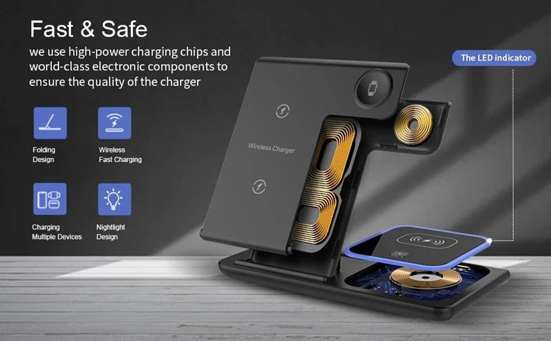 Premium 4 in 1 Wireless Charging Station with LED Light – Foldable Fast Charger Stand for Phones, Apple Watch, AirPods and Qi-Compatible Devices