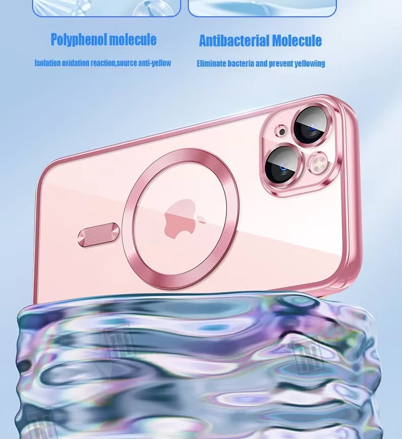 Luxury Apple iPhone Case, MagSafe Compatible, Camera Lens & Screen Protection, Ultra Thin, Shockproof, Magnetic Full All Around Cover – Plating Transparent Silicone TPU Case with Magnetic Back & Lens Film Protection