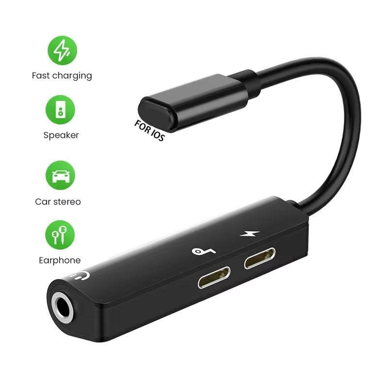 High Quality 3-in-1 Lightning to 3.5mm Audio Adapter for iPhone – AUX Jack, Charger Splitter, HiFi Sound, Fast Charging, Headphone Converter for iOS Devices