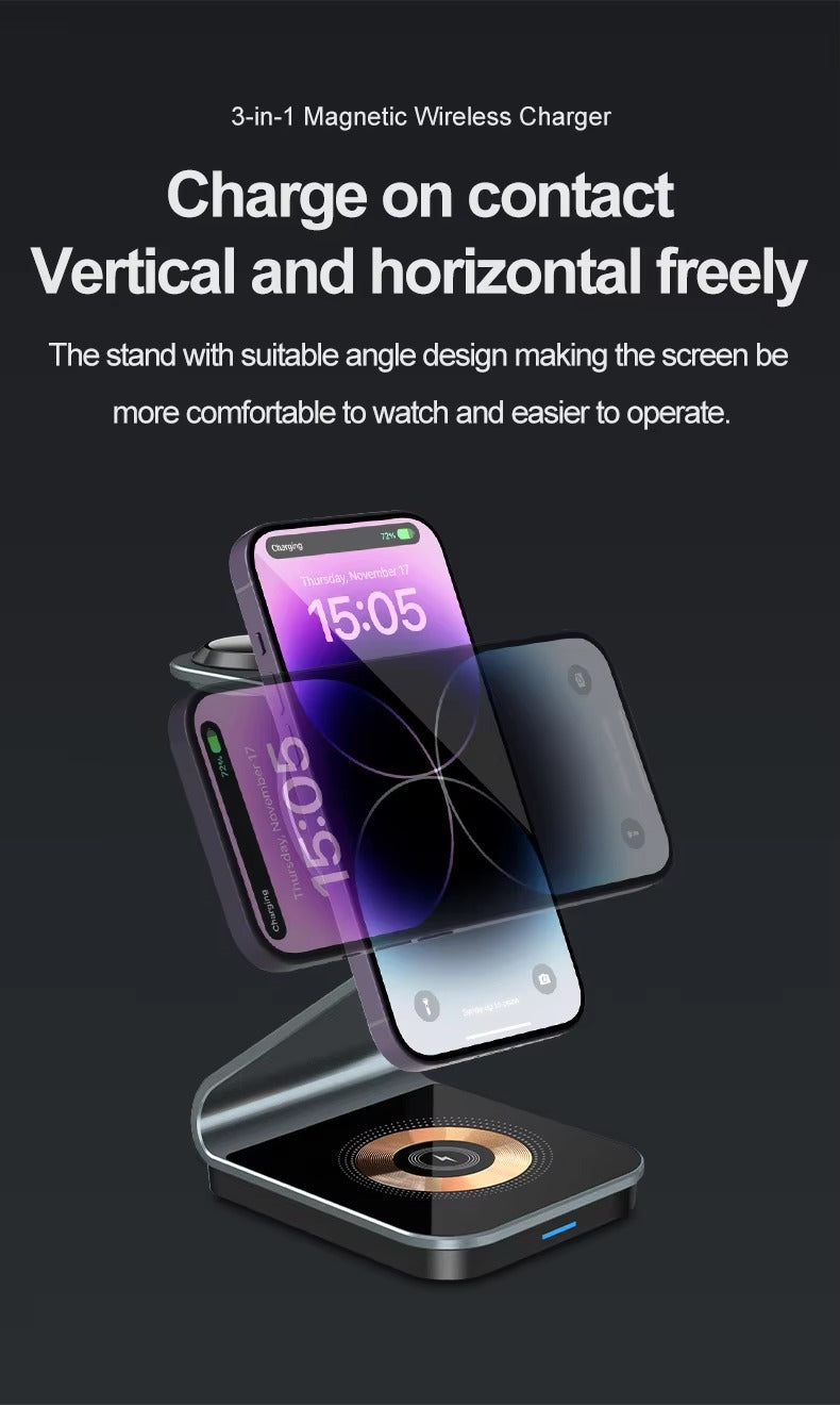 Luxury 3 in 1 Magnetic Wireless Charger Stand – Transparent Fast Charging Dock for iPhone, Apple Watch, AirPods with Aluminum Alloy Design, 15W Output