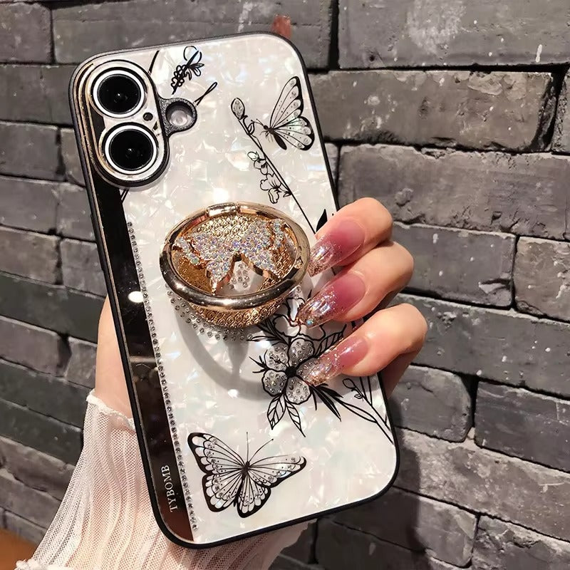 Luxury Apple iPhone Case, MagSafe Compatible, Camera Lens & Screen Protection, Ultra Thin, Shockproof, Magnetic Full All Around Cover – Shell Pattern Butterfly Case with Ring Holder & Hard Silicone TPU Back Design