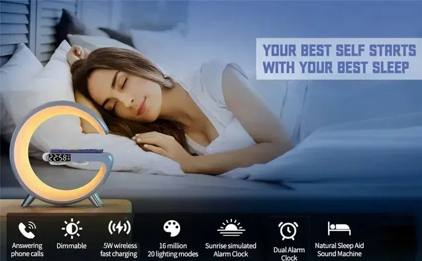 Luxury Wireless Charging Alarm Clock – Bluetooth Speaker with Sunrise Wake-Up Light, RGB Night Lamp, Sleep Aid, 5W Fast Charger for Qi-Enabled Devices