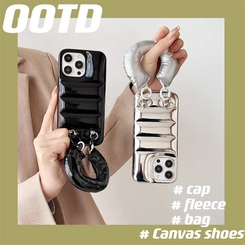 Luxury Apple iPhone Case, MagSafe Compatible, Camera Lens & Screen Protection, Ultra Thin, Shockproof, Magnetic Full All Around Cover – Down Jacket Style Silicone Case with Wrist Strap & Soft Finish