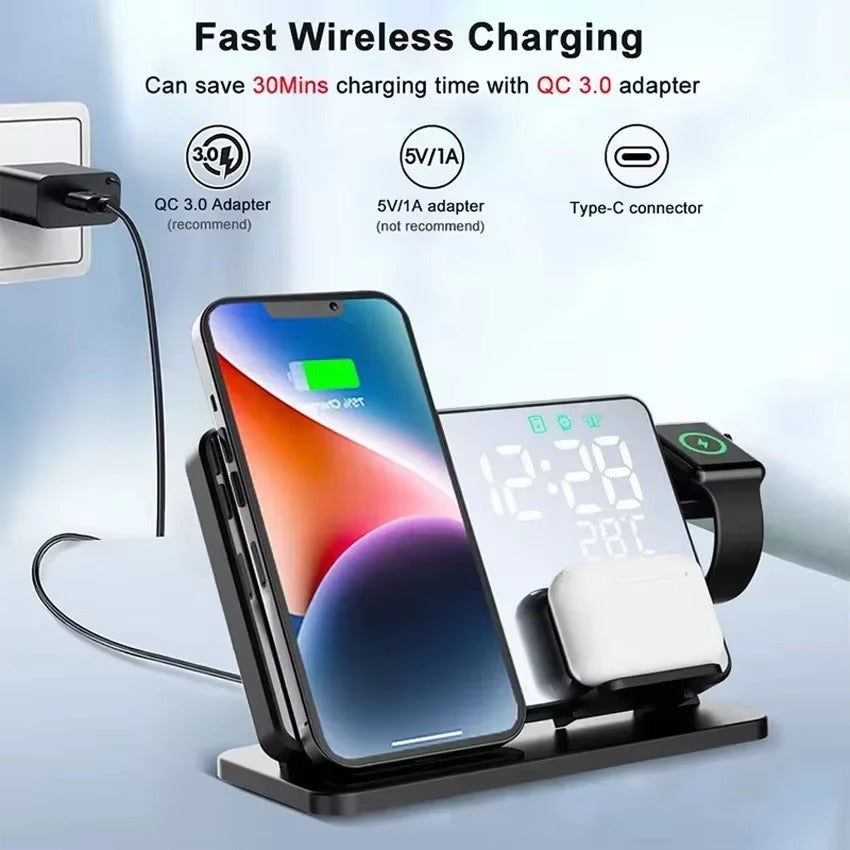 Premium 4 in 1 Wireless Charging Station with Alarm Clock – Fast Charger Stand for iPhone, Apple Watch, AirPods, Samsung Galaxy, Temperature & Date Display