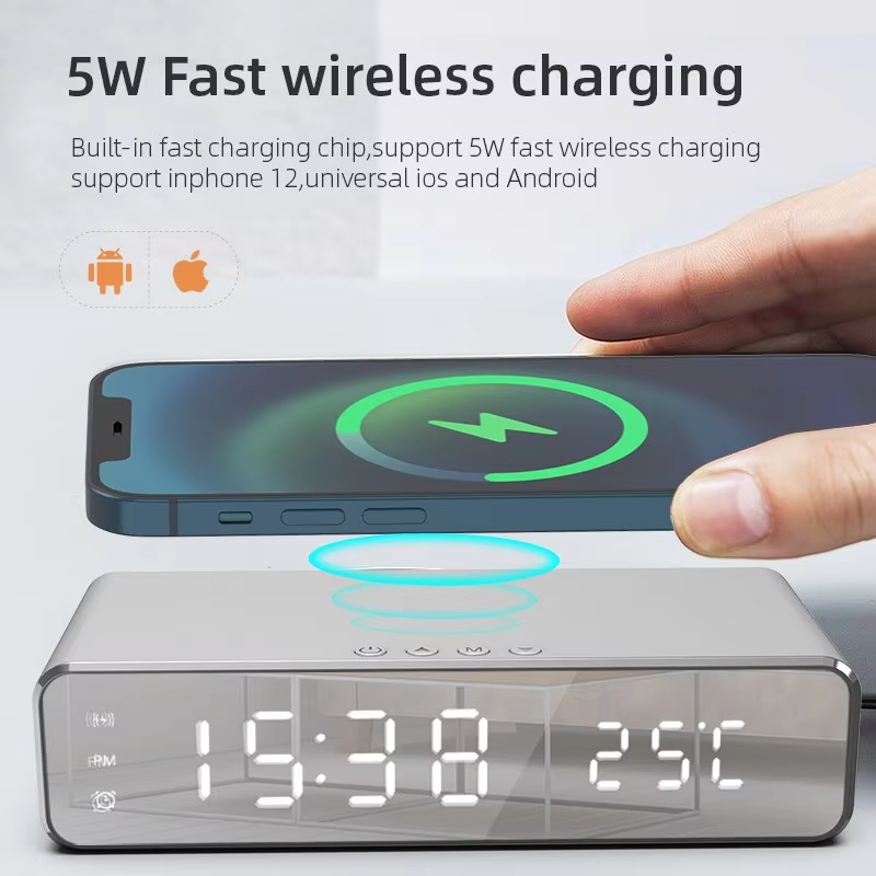 Luxury Wireless Charging Alarm Clock – LED Digital Thermometer Dock Station with Fast 5W Charger for Phones, Smartwatches, and Earbuds