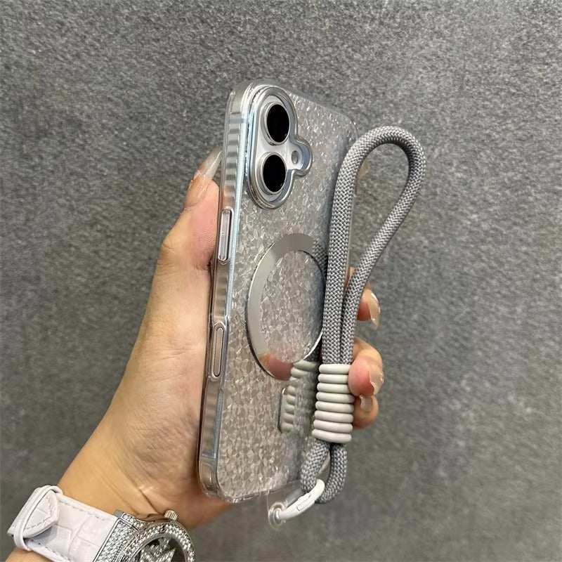 Luxury Apple iPhone Case, MagSafe Compatible, Camera Lens & Screen Protection, Ultra Thin, Shockproof, Magnetic Full All Around Cover – Laser Aurora Raindrop Acrylic Case with Wrist Strap & Wireless Charging