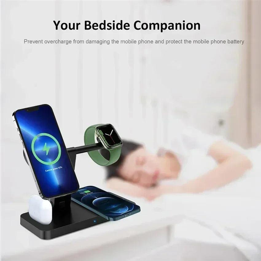 Premium 5 in 1 Magnetic Wireless Charging Station – Foldable Fast Charger Stand for Phones, Smartwatches, Earbuds with 30W Output & LED Night Light