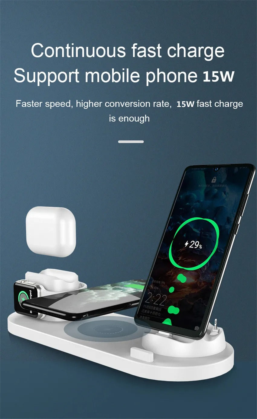 Premium 6 in 1 Wireless Charging Station – Fast Charger Dock for iPhone, Apple Watch, AirPods with Type-C, Lightning & Micro USB Ports, 15W Output