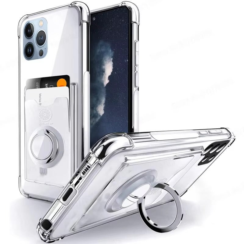 High Quality Transparent Phone Case with Magnetic Ring – Soft, Shockproof Cover with Built-In Card Holder for Apple Plus