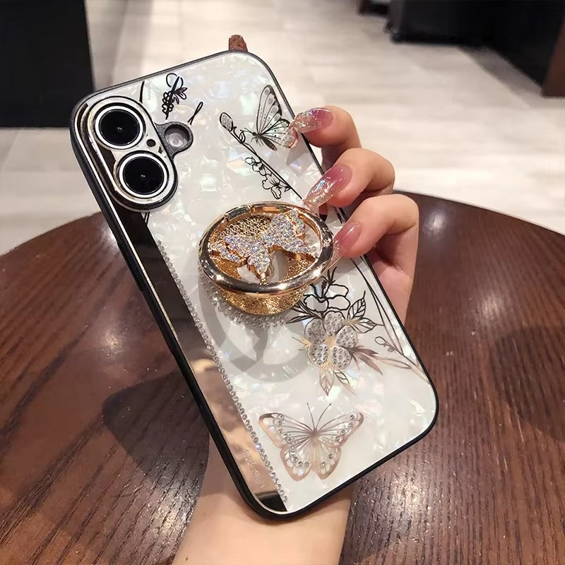 Luxury Apple iPhone Case, MagSafe Compatible, Camera Lens & Screen Protection, Ultra Thin, Shockproof, Magnetic Full All Around Cover – Shell Pattern Butterfly Case with Ring Holder & Hard Silicone TPU Back Design