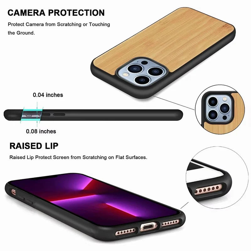 Luxury Wood Apple iPhone Case, MagSafe Compatible, Ultra Thin Magnetic with Bamboo Texture, Hard Shell and Camera Lens Guard