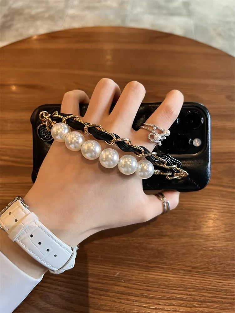 Luxury Apple iPhone Case, MagSafe Compatible, Camera Lens & Screen Protection, Ultra Thin, Shockproof, Magnetic Full All Around Cover – Pearl Metal Hand Chain Case with Lattice Lambskin Pattern for Women