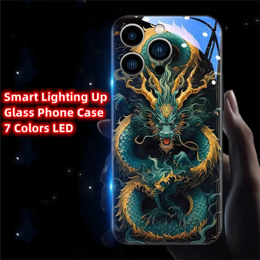 Premium Apple iphone Case, LED Flash, Sound Reactive, Shockproof, Ultra Thin, Full Body Protection, Golden Dragon Luminous Glass Cover