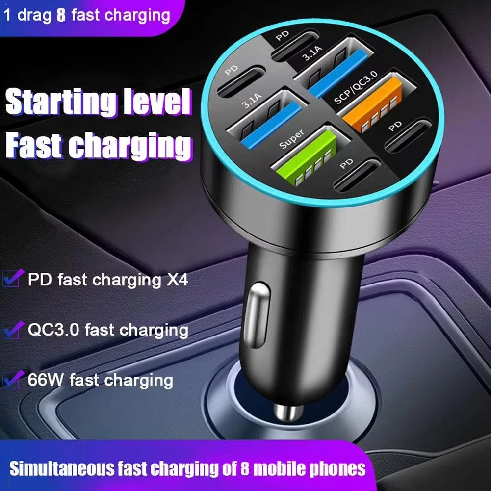 Premium 250W USB Car Charger with Digital Display – 6-Port Fast Charging PD QC3.0 Type-C Adapter, Intelligent Protection, Quick Charge