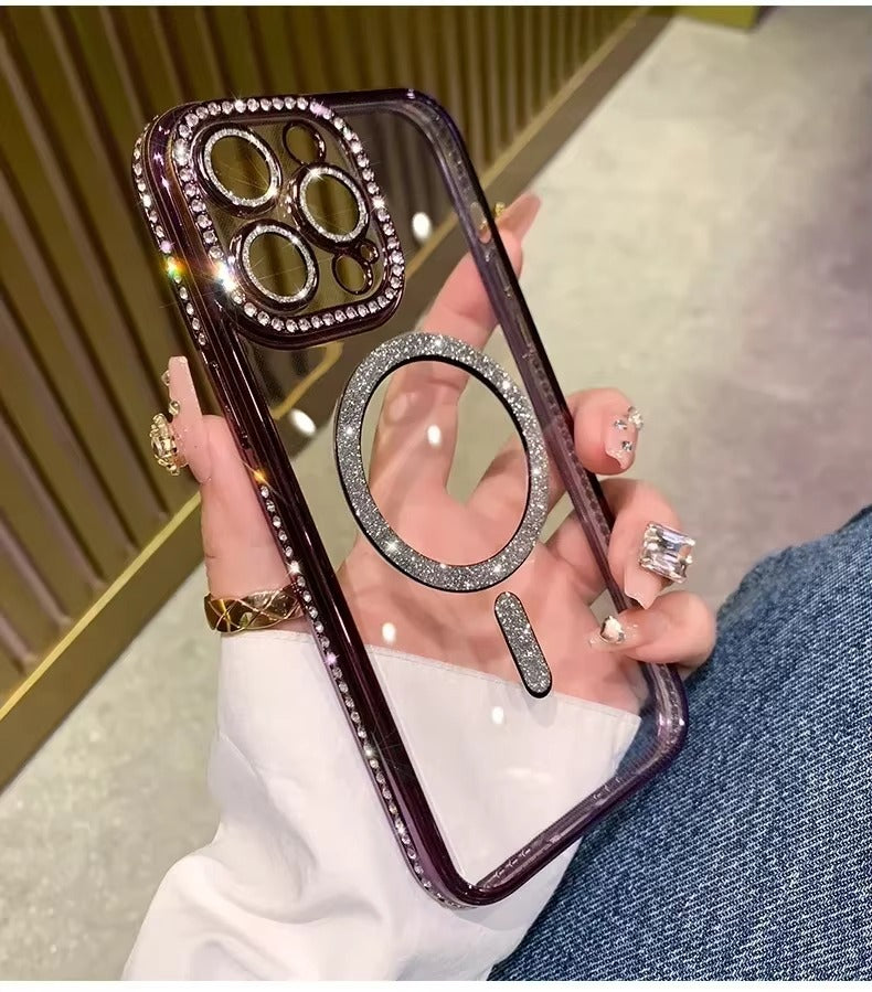 Luxury Apple iPhone Case, MagSafe Compatible, Camera Lens & Screen Protection, Ultra Thin, Shockproof, Magnetic Full All Around Cover – Glitter Diamond Transparent Case with Wireless Charging & Bumper Edge Design