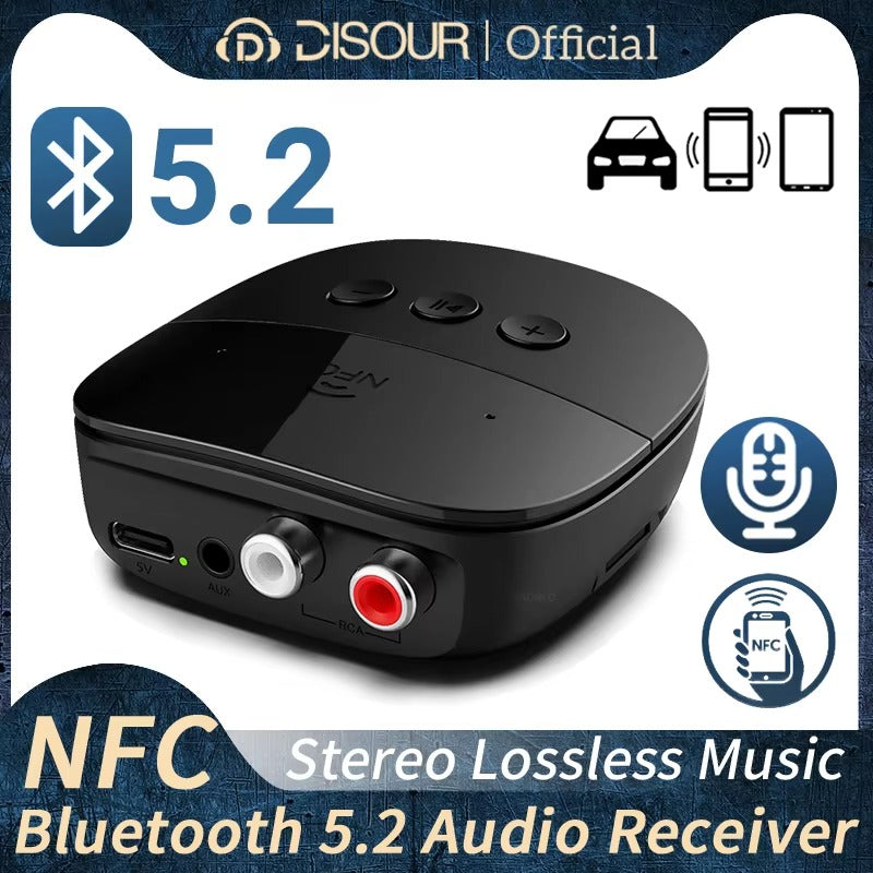 Premium Bluetooth 5.2 Audio Receiver for iPhone – Wireless RCA & TF Card, Mic Input, NFC, Car Kit & Speaker Amplifier Support