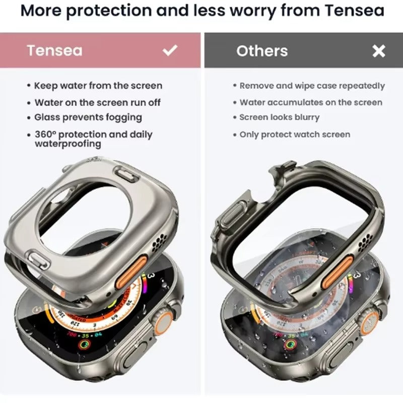 Durable Plastic Smartwatch Case with 360° Tempered Glass Screen Protector – Waterproof Sealing, Full Coverage Bumper, Anti-Fog and Scratch Resistant