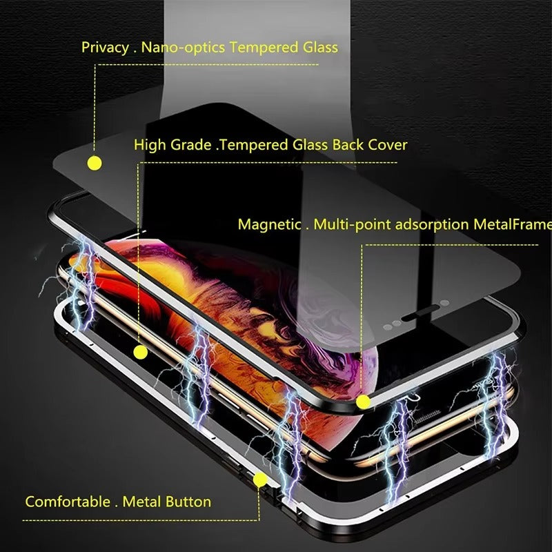 Premium Apple iPhone Case, MagSafe Compatible, Camera Lens & Screen Protection, Ultra Thin, Shockproof, Magnetic Full All Around Cover – Anti-Peeping Tempered Glass Case with Magnetic Metal Bumper & Privacy Protection