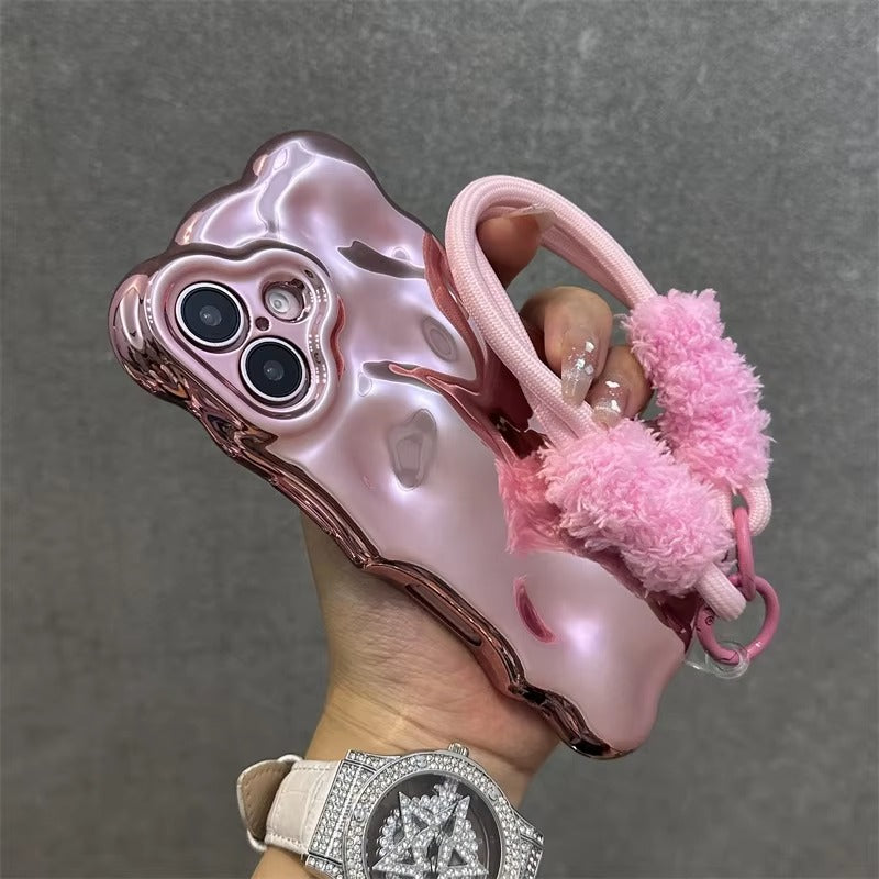 Luxury Apple iPhone Case, MagSafe Compatible, Camera Lens & Screen Protection, Ultra Thin, Shockproof, Magnetic Full All Around Cover – 3D Wave Edge Plating Case with Plush Wristband & Lanyard Strap