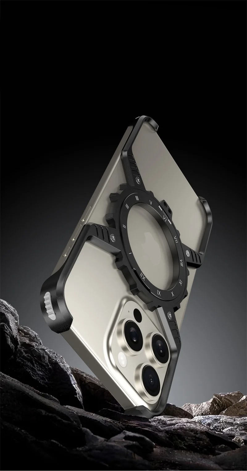 Robust Apple iPhone Case, MagSafe Compatible, Camera Lens & Screen Protection, Ultra Thin, Shockproof, Magnetic Full All Around Cover – X-Shaped Gear Aluminum Case with 360° Stand & Noctilucent Frameless Design