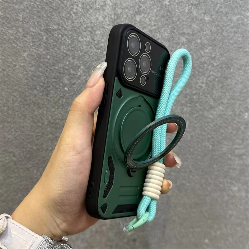 Luxury Apple iPhone Case, MagSafe Compatible, Camera Lens & Screen Protection, Ultra Thin, Shockproof, Magnetic Full All Around Cover – Stand Holder Case with Lens Guard, Wristband & Lanyard Strap