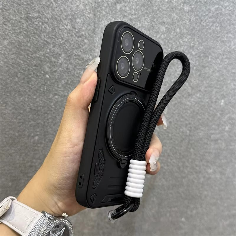 Luxury Apple iPhone Case, MagSafe Compatible, Camera Lens & Screen Protection, Ultra Thin, Shockproof, Magnetic Full All Around Cover – Stand Holder Case with Lens Guard, Wristband & Lanyard Strap