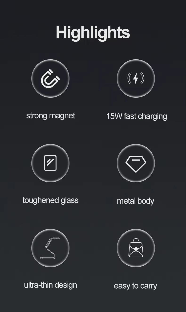 Luxury 3 in 1 Magnetic Wireless Charger Stand – Transparent Fast Charging Dock for iPhone, Apple Watch, AirPods with Aluminum Alloy Design, 15W Output