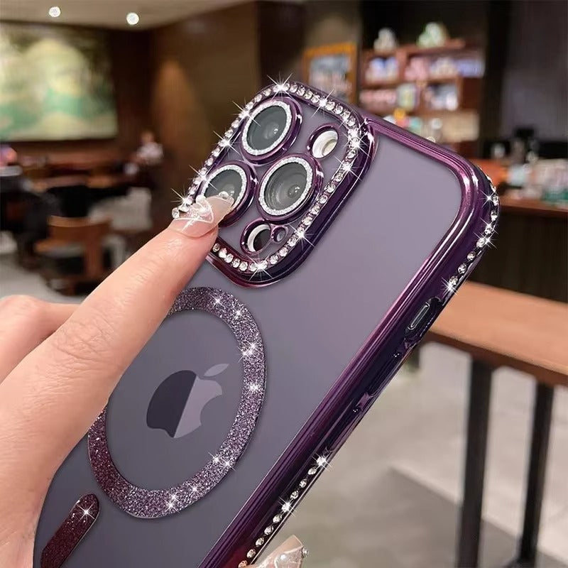 Luxury Pink Glitter Apple iPhone Case, MagSafe Compatible, Ultra Thin Magnetic Shockproof Full Protection Cover and Diamond Clear Plated Shell