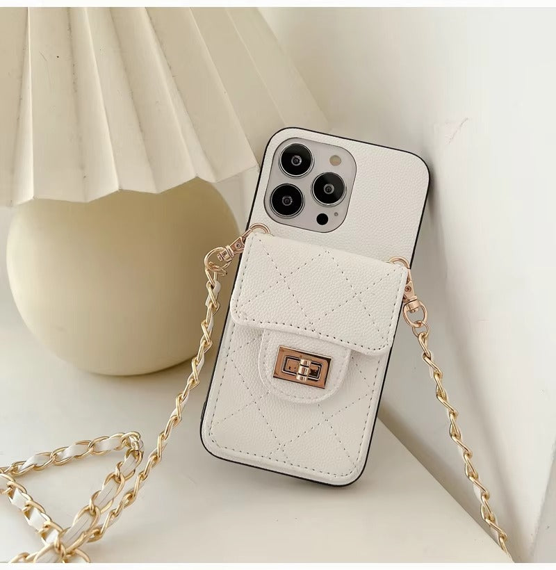 Luxury Apple iPhone Case, MagSafe Compatible, Camera Lens & Screen Protection, Ultra Thin, Shockproof, Magnetic Full All Around Cover – Lingge Envelope Crossbody Card Bag with Long Necklace Strap