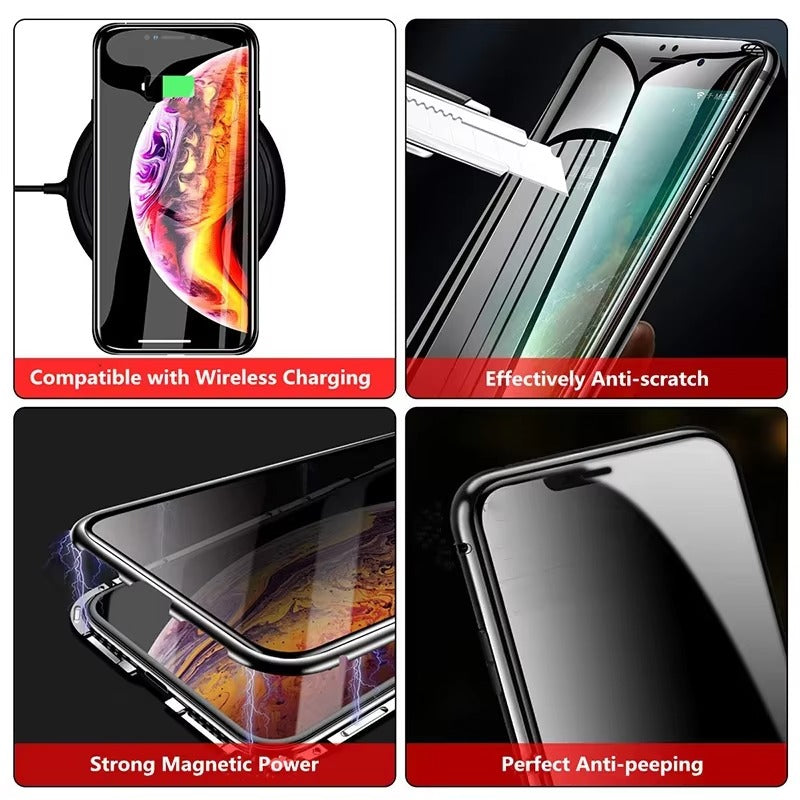 Premium Apple iPhone Case, MagSafe Compatible, Camera Lens & Screen Protection, Ultra Thin, Shockproof, Magnetic Full All Around Cover – Anti-Peeping Tempered Glass Case with Magnetic Metal Bumper & Privacy Protection