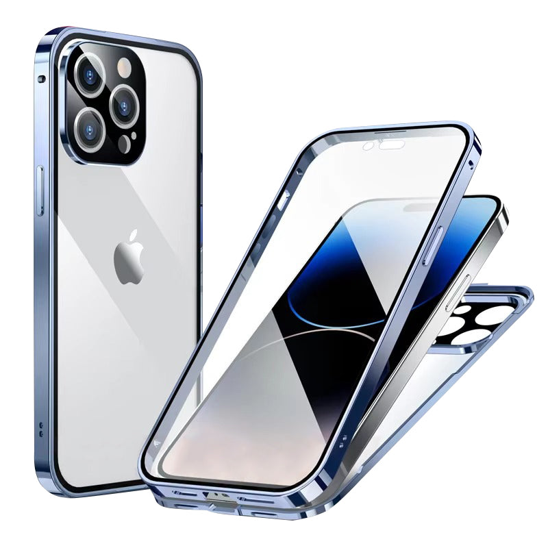 Luxury Apple iPhone Case MagSafe Compatible, Camera Lens & Screen Protection Cover with Double Glass Snap Lock Frame