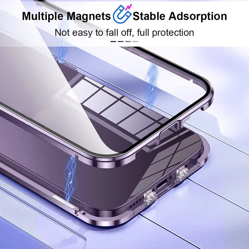 Luxury Apple iPhone Case MagSafe Compatible, Camera Lens & Screen Protection Cover with Double Glass Snap Lock Frame
