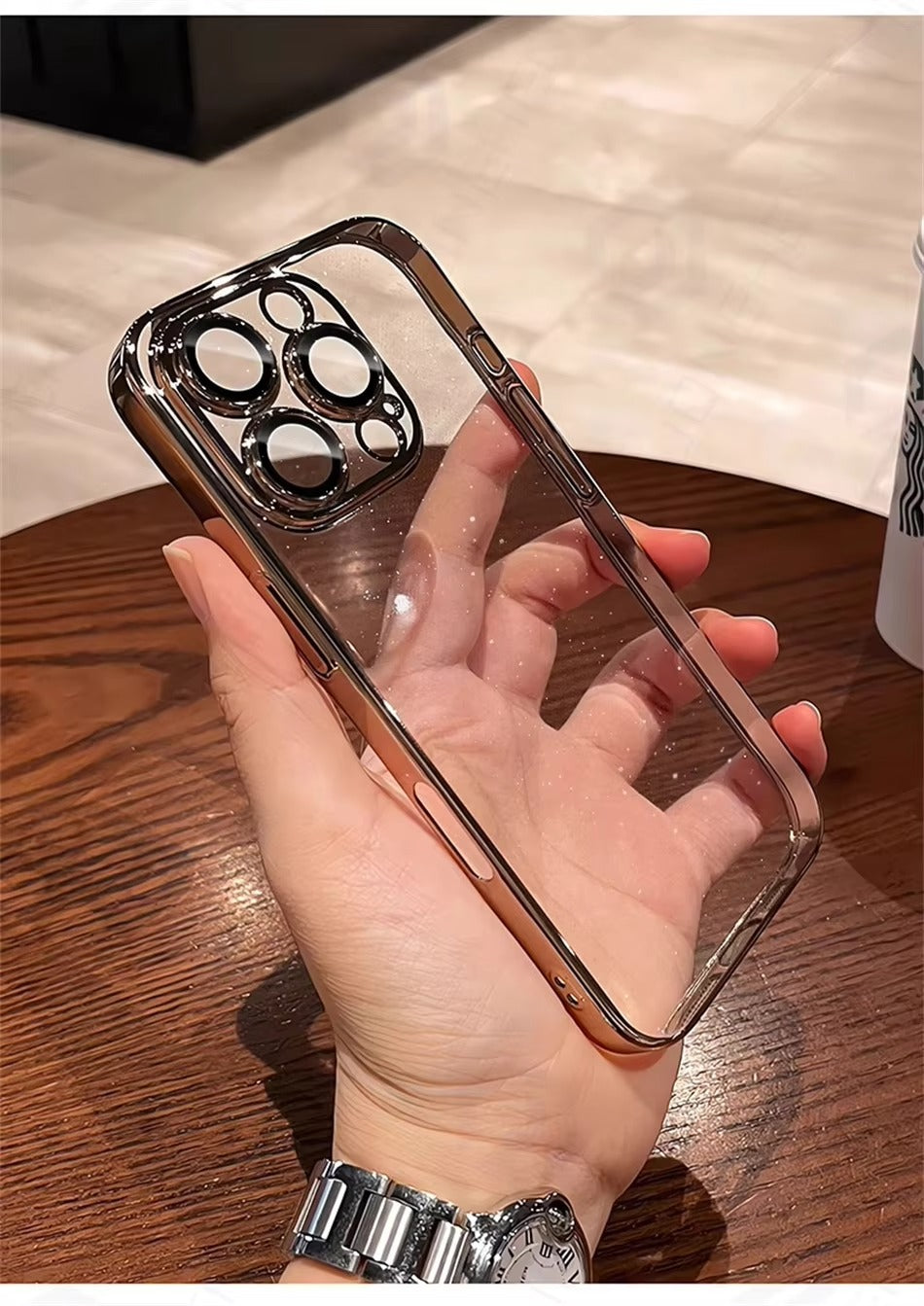 Luxury Apple iPhone Case, MagSafe Compatible, Camera Lens & Screen Protection, Ultra Thin, Shockproof, Magnetic Full All Around Cover – Transparent Glitter Slim Case with Electroplated Gold Bumper & Hard Plastic Back