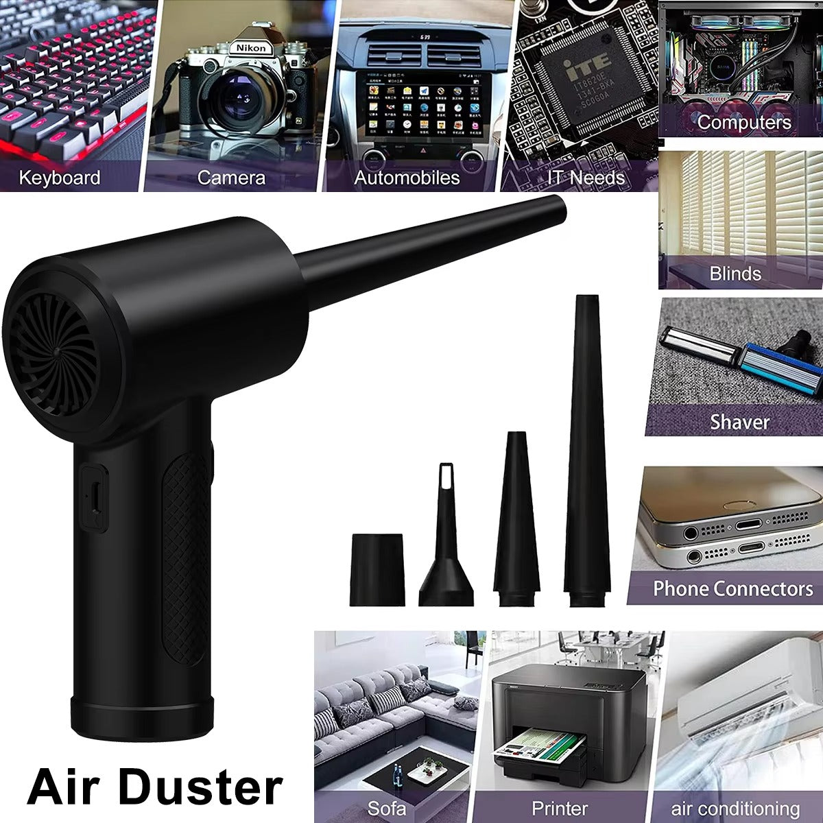 Powerful, Cordless, Compressed Air Duster for Computer, Air Blower with LED Light, for PC, Keyboard, Crumbs, Laptop, Car, Cleaning, Reusable, Portable