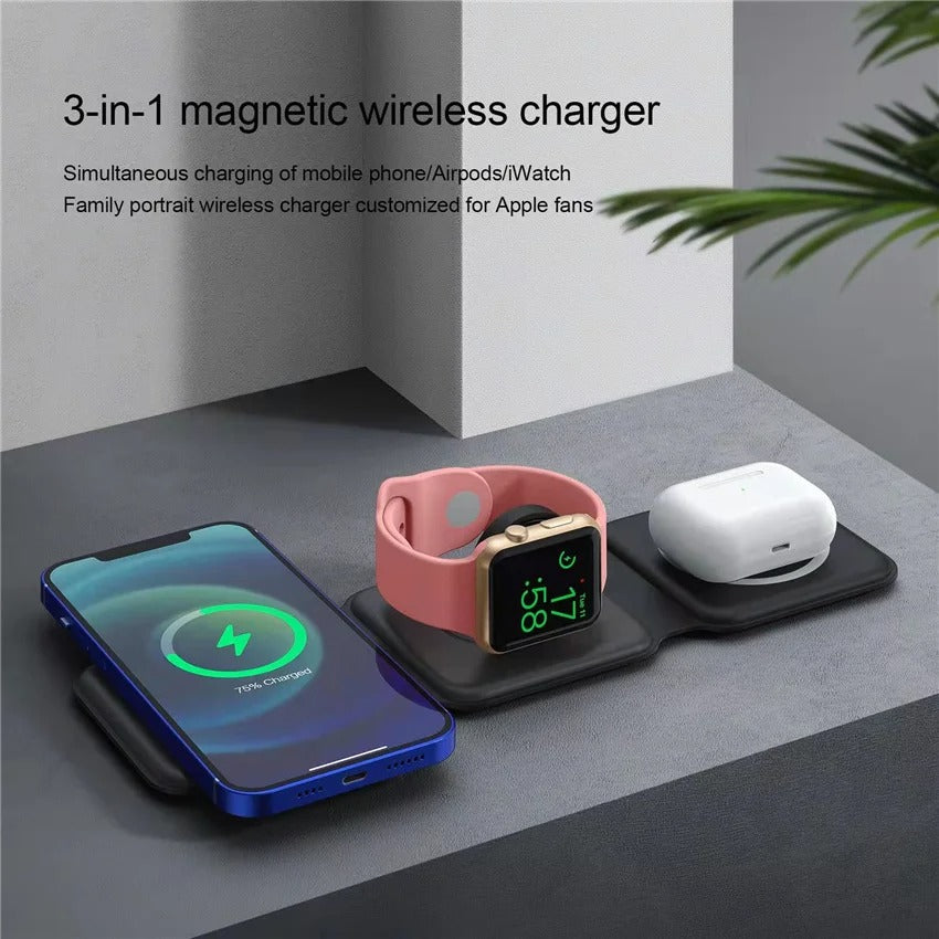 Premium 3 in 1 Magnetic Wireless Charger Pad – Portable Fast Charging Dock for iPhone, Apple Watch, AirPods with Foldable Stand, Type-C, 15W Output