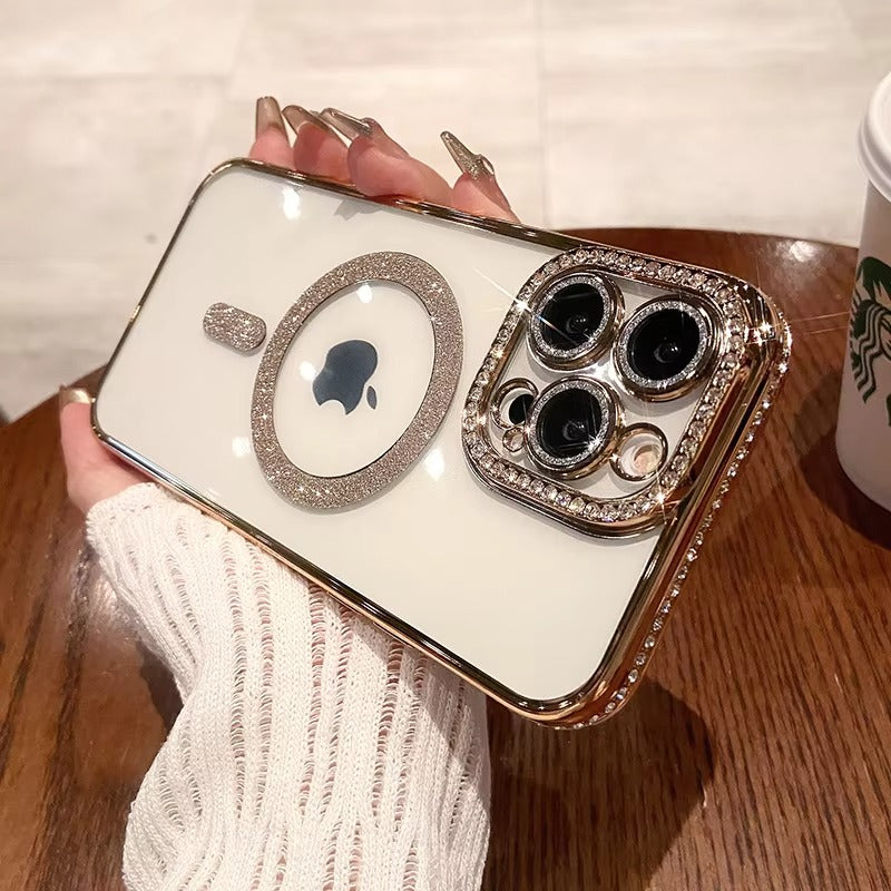 Luxury Pink Glitter Apple iPhone Case, MagSafe Compatible, Ultra Thin Magnetic Shockproof Full Protection Cover and Diamond Clear Plated Shell