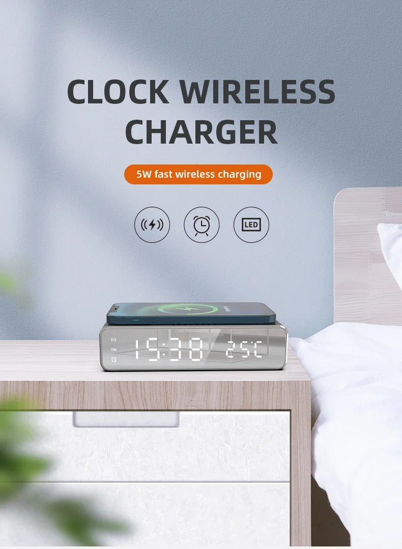 Luxury Wireless Charging Alarm Clock – LED Digital Thermometer Dock Station with Fast 5W Charger for Phones, Smartwatches, and Earbuds