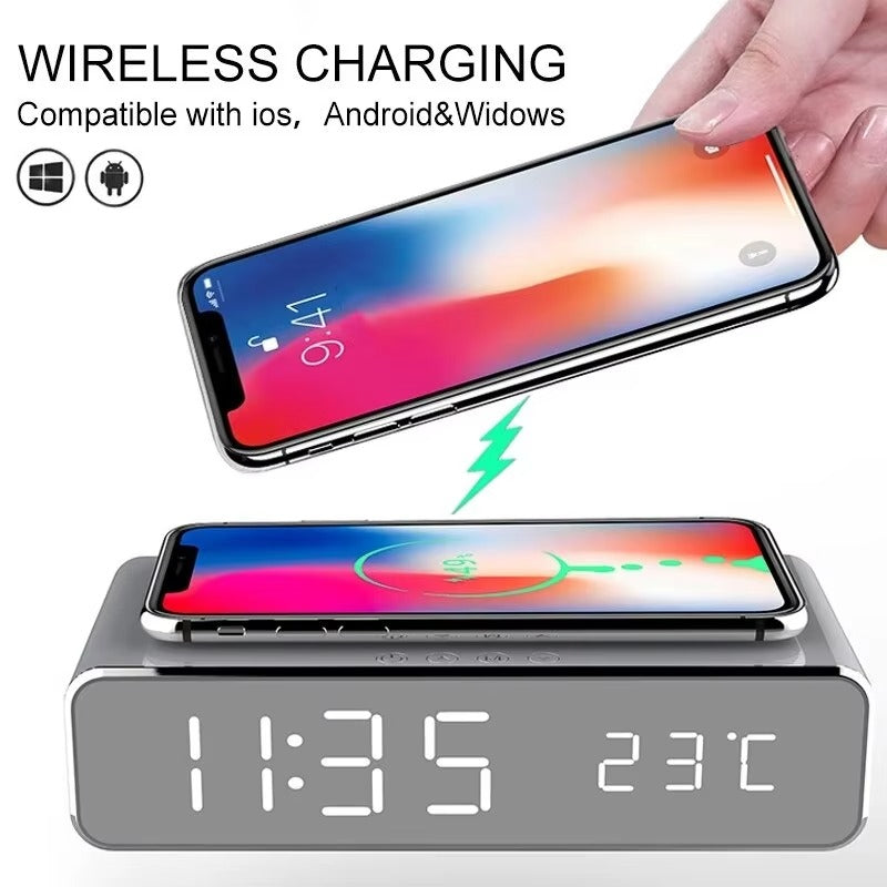 Luxury Wireless Charging Alarm Clock – LED Digital Thermometer Dock Station with Fast 5W Charger for Phones, Smartwatches, and Earbuds