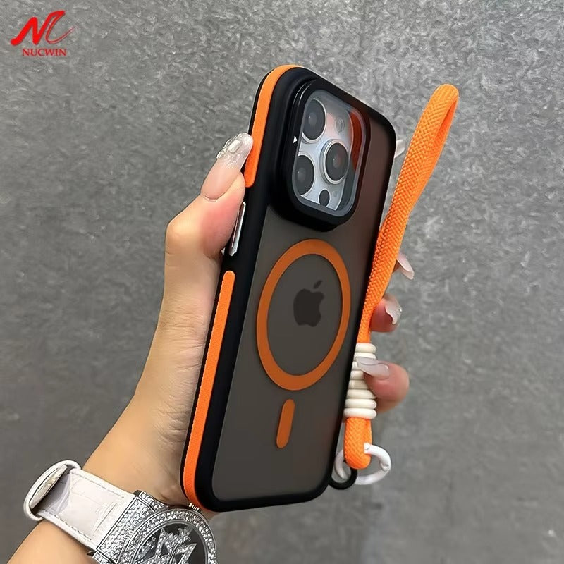 Luxury Apple iPhone Case Ultra Thin Shockproof Magnetic Full All Around Protection Cover with Matte Stand & Wrist Strap