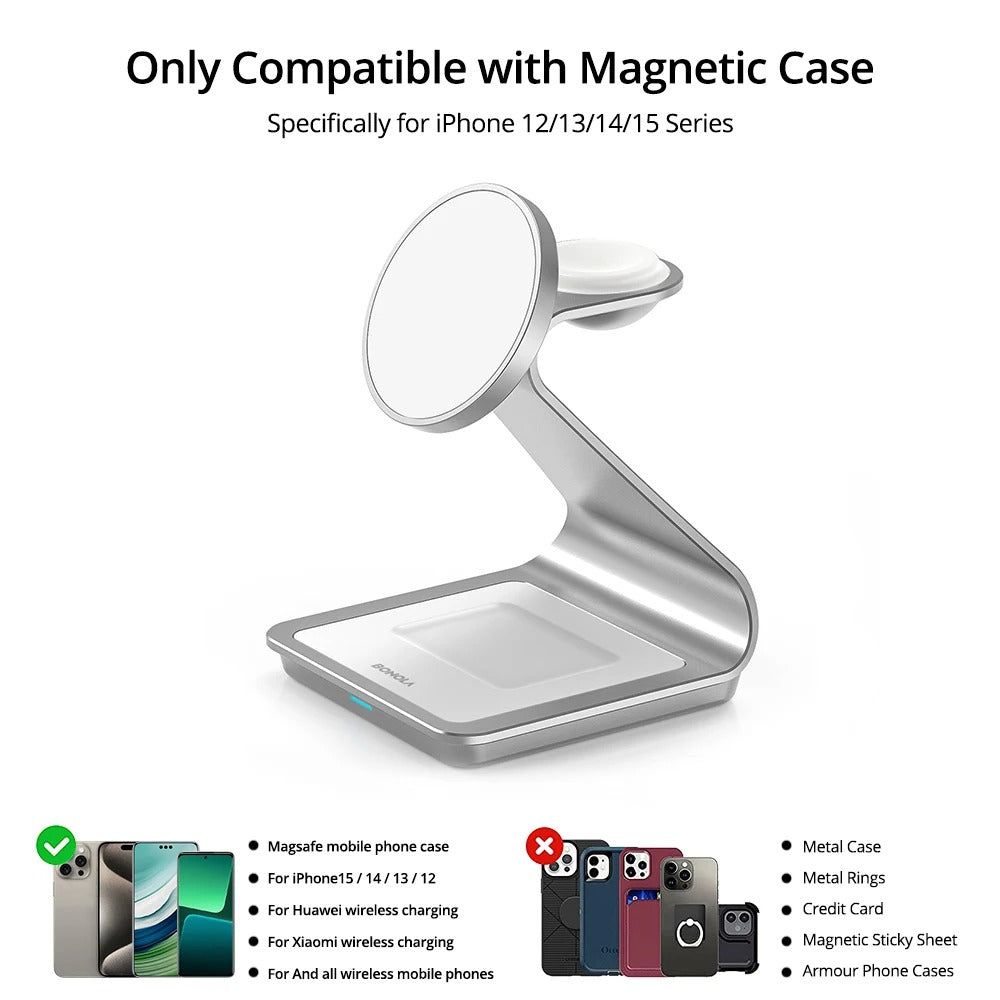 Premium 3 in 1 Magnetic Wireless Charging Stand – 15W Fast Charger Dock with Aluminum Alloy Metal Design for iPhone, Apple Watch and AirPods
