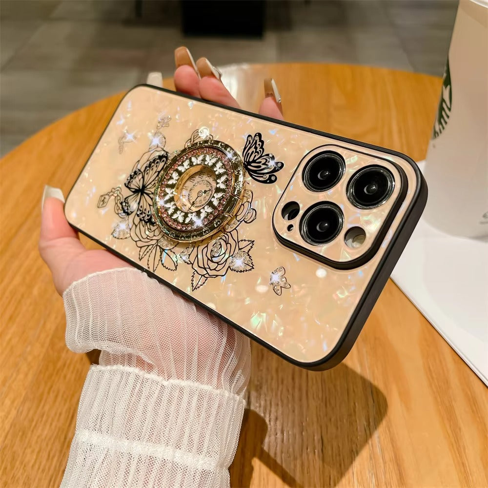 Luxury Apple iPhone Case, MagSafe Compatible, Camera Lens & Screen Protection, Ultra Thin, Shockproof, Magnetic Full All Around Cover – Butterfly Flower Pattern Silicone Case with Diamond Ring Holder & Hard Back Protection
