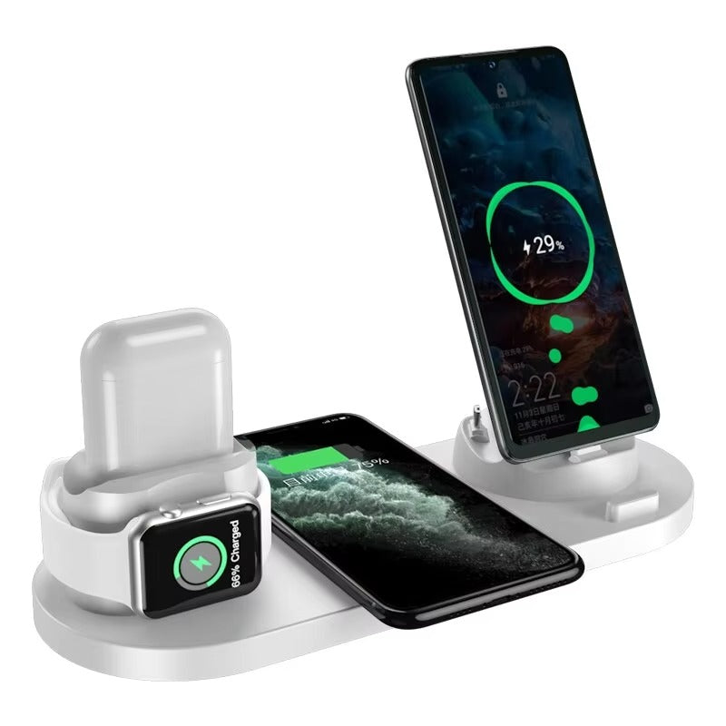 Premium 6 in 1 Wireless Charging Station – Fast Charger Dock for iPhone, Apple Watch, AirPods with Type-C, Lightning & Micro USB Ports, 15W Output