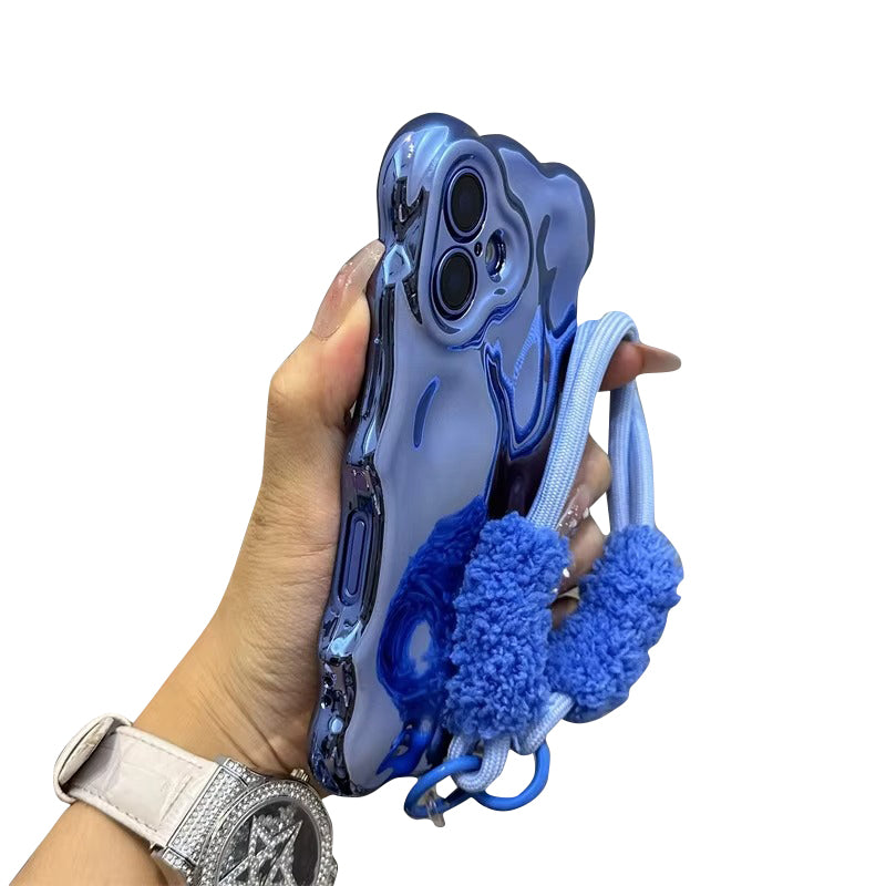 Luxury Apple iPhone Case, MagSafe Compatible, Camera Lens & Screen Protection, Ultra Thin, Shockproof, Magnetic Full All Around Cover – 3D Wave Edge Plating Case with Plush Wristband & Lanyard Strap