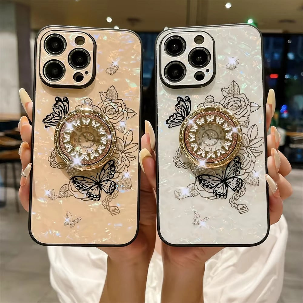 Luxury Apple iPhone Case, MagSafe Compatible, Camera Lens & Screen Protection, Ultra Thin, Shockproof, Magnetic Full All Around Cover – Butterfly Flower Pattern Silicone Case with Diamond Ring Holder & Hard Back Protection