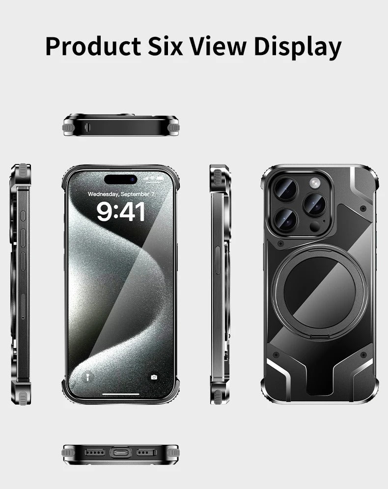 Luxury Apple iPhone Case, MagSafe Compatible, Camera Lens & Screen Protection, Ultra Thin, Shockproof, Magnetic Full All Around Cover – 360° Aluminum Alloy Rimless Case with Transparent PC & Built-In Bracket