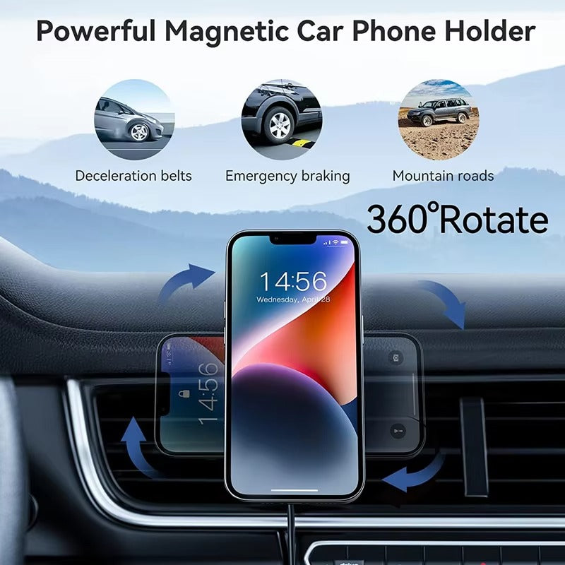 High-Speed 30W Magnetic Wireless Car Charger – Phone Holder Stand with Fast Charging, Dashboard or Vent Mount