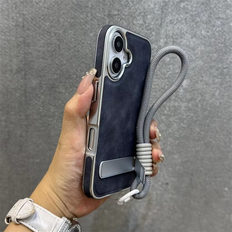 High-End Apple iPhone Case, MagSafe Compatible, Camera Lens & Screen Protection, Ultra Thin, Shockproof, Magnetic Full All Around Cover – Business Plating Leather Case with Kickstand, Wrist Strap & Hand Chain