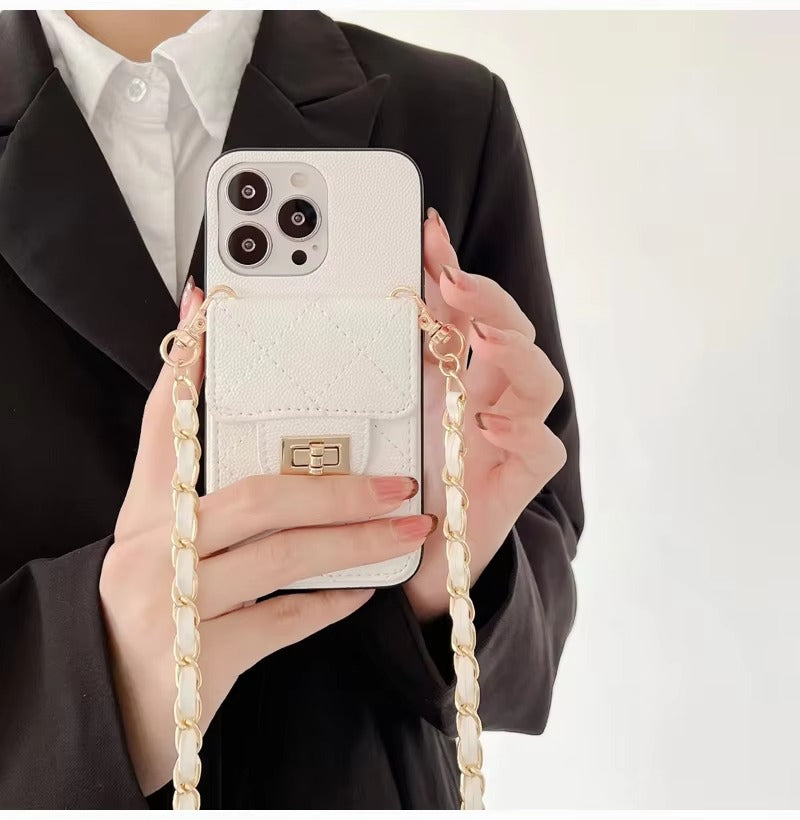 Luxury Apple iPhone Case, MagSafe Compatible, Camera Lens & Screen Protection, Ultra Thin, Shockproof, Magnetic Full All Around Cover – Lingge Envelope Crossbody Card Bag with Long Necklace Strap