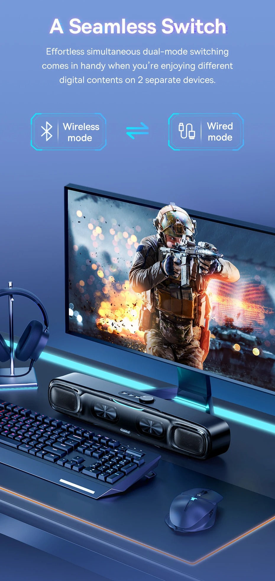 Premium Mini Bluetooth Soundbar for iPhone & Mac – Desk Speaker with 3D Surround Audio, Triple-Mode Playback, Subwoofer